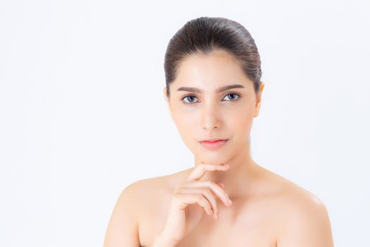 Portrait of beautiful woman asian makeup of cosmetic, girl hand touch chin and smile attractive, face of beauty perfect with wellness isolated on white background with skin healthcare concept.