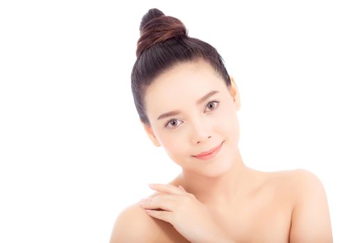 Portrait of beautiful asian woman makeup of cosmetic, girl touch shoulder and smile attractive, face of beauty perfect with wellness isolated on white background with skin healthcare concept.