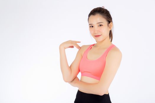 Beautiful portrait young asian woman in sport clothing with satisfied and confident isolated on white background, girl asia have shape and wellness, exercise for fit with health concept.