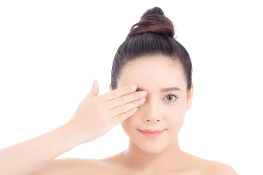 Portrait of beautiful woman makeup of cosmetic, girl hand close eye and smile attractive, face of beauty perfect with wellness isolated on white background with skin healthcare concept.