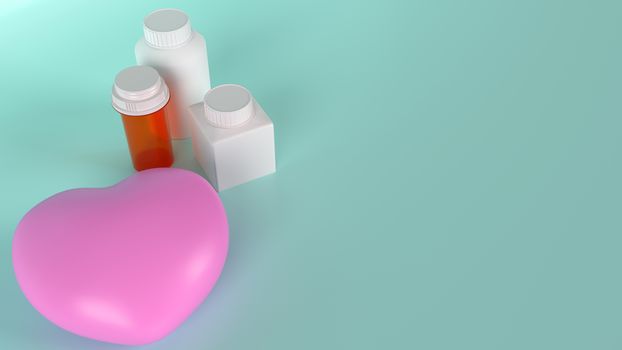 pink heart  and Medicine bottle for health content 3d rendering.