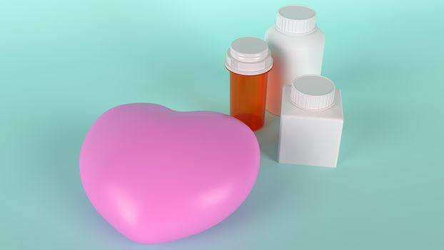 pink heart  and Medicine bottle for health content 3d rendering.
