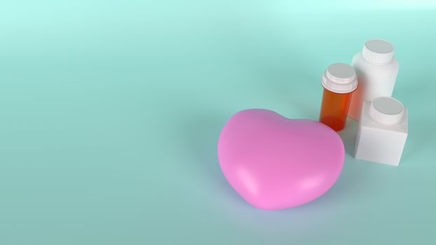 pink heart  and Medicine bottle for health content 3d rendering.