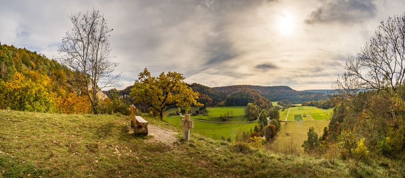 Fantastic vantage point on the Lugen in the colorful Danube Valley in autumn near Beuron in the Sigmaringen district