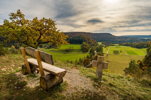 Fantastic vantage point on the Lugen in the colorful Danube Valley in autumn near Beuron in the Sigmaringen district