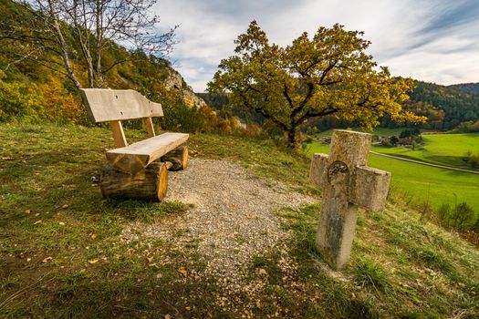 Fantastic vantage point on the Lugen in the colorful Danube Valley in autumn near Beuron in the Sigmaringen district