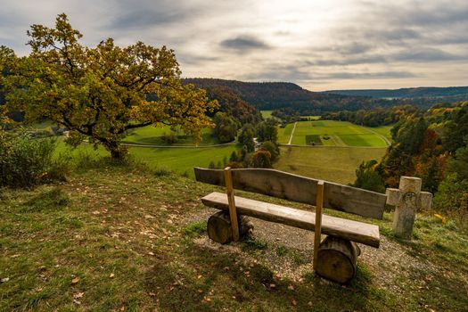 Fantastic vantage point on the Lugen in the colorful Danube Valley in autumn near Beuron in the Sigmaringen district