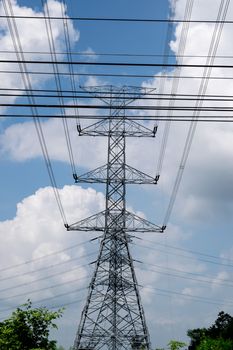 Electricity post on blue sky background.