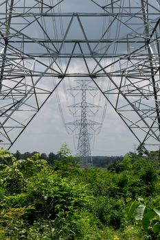 Electricity post on blue sky background.