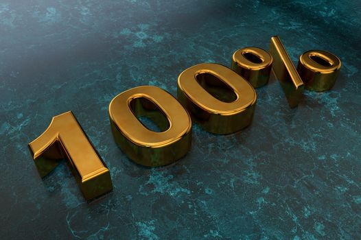 3D golden number one hundred percent on dark and smooth surface