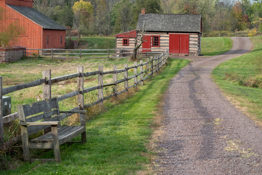Beautiful colonial Pennsylvania farm at the Daniel Boone Homestead. Idyllic scene with winding lane and copy space