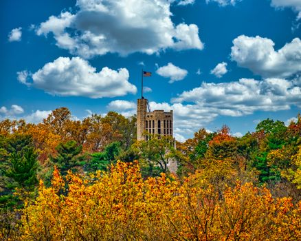 The Tower of the Washington Memorial Chapel at the Valley Forge National Historical Park Over Autumn Trees