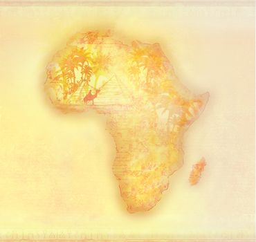 grunge brown Map of Africa, pyramids, camel and palm trees