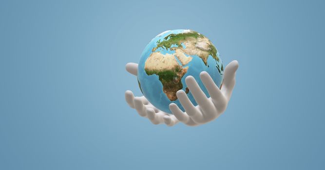 Save the earth, save our planet concept. 3D illustration. Human hands holding globe on blue background.