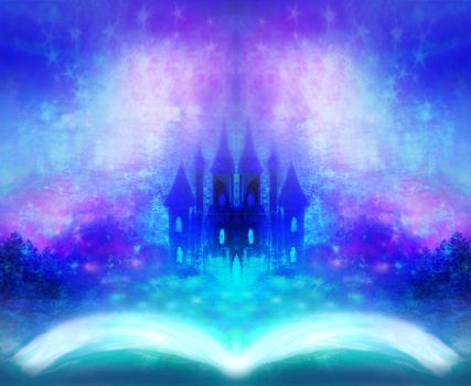 Magic world of tales, fairy castle appearing from the book