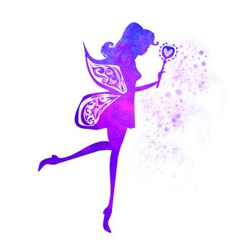 flying fairy with magic wand - isolated illustration, colorful silhouette