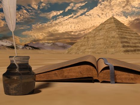 Vintage old book on desert background with pyramid - 3d rendering