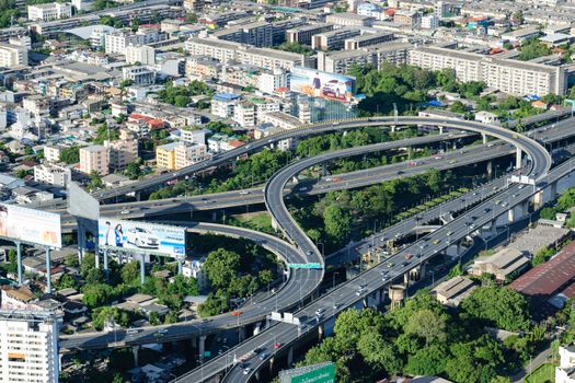 Bangkok Thailand expressway and skyline aerial view.