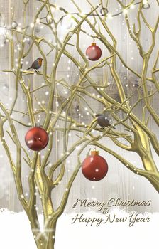 Winter design for festive period. Christmas card with gold trees, balls baubles, birds robins. Text Merry Christmas Happy new year. 3D render.
