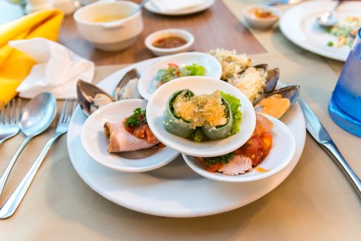 Seafood buffet in the restaurant of a hotel.