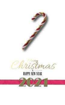 Christmas holiday background. 3D realistic Xmas symbol candy cane on white background. Ribbon with gold digit 2021. Text Merry Christmas Happy New Year. Vertical 3D illustration