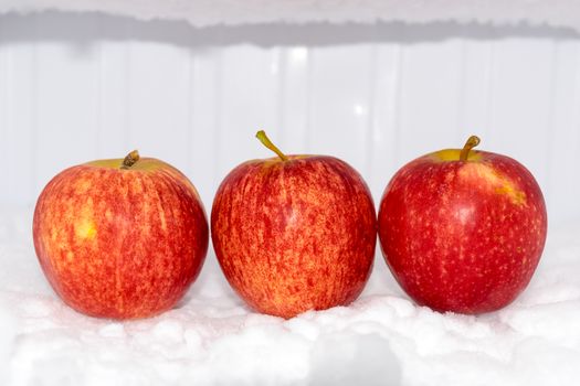 red apple with white background in the Freezer.