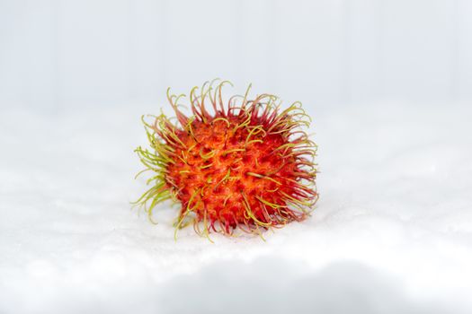 Rambutan thai fruits a red, plum-sized tropical fruit with soft spines and a slightly acidic taste.