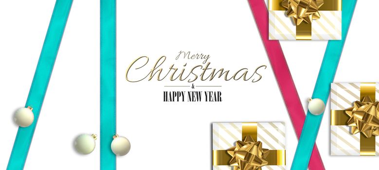 Christmas 3D modern festive design. Xmas 3D realistic gift boxes presents, ribbons, balls baubles on white background. Text Merry Christmas Happy New Year, 3D render