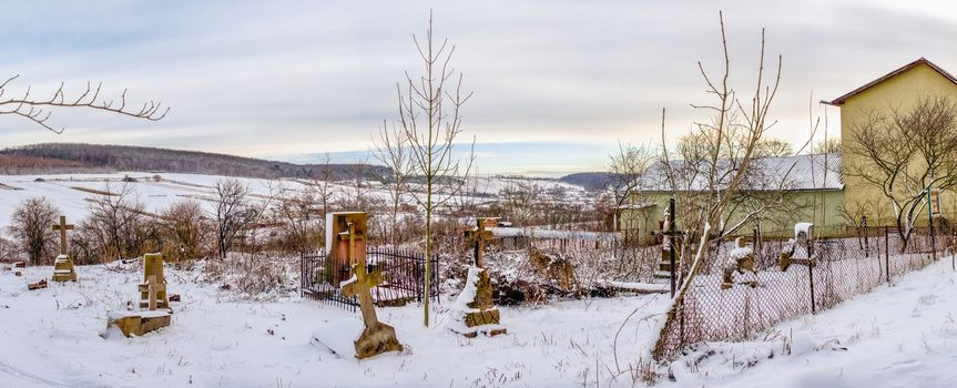 Mykulyntsi, Ukraine 01.06.2020. Grave of the Reyiv family and the Polish cemetery in Mykulyntsi village, Ternopil region of Ukraine, on a winter day