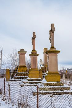 Mykulyntsi, Ukraine 01.06.2020. Grave of the Reyiv family and the Polish cemetery in Mykulyntsi village, Ternopil region of Ukraine, on a winter day