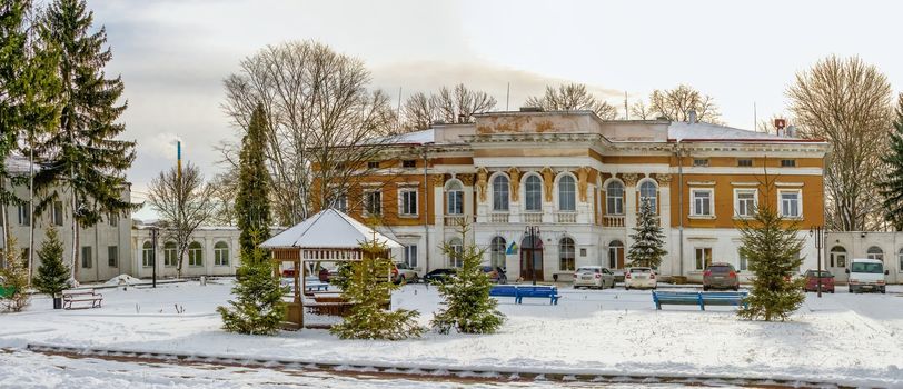 Mykulyntsi, Ukraine 01.06.2020. Palace of the Counts Reyiv in Mykulyntsi village, Ukraine, on a cloudy winter day