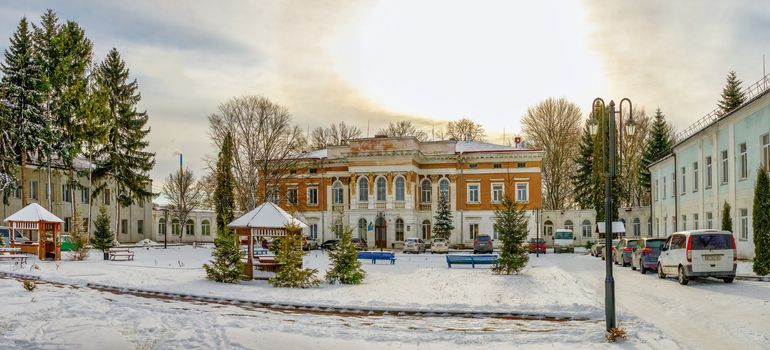 Mykulyntsi, Ukraine 01.06.2020. Palace of the Counts Reyiv in Mykulyntsi village, Ukraine, on a cloudy winter day