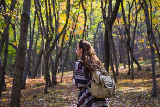 Beautiful woman in autumn and fall forest and wild, autumn tree with yellow and red leaves in Tbilisi, Georgia