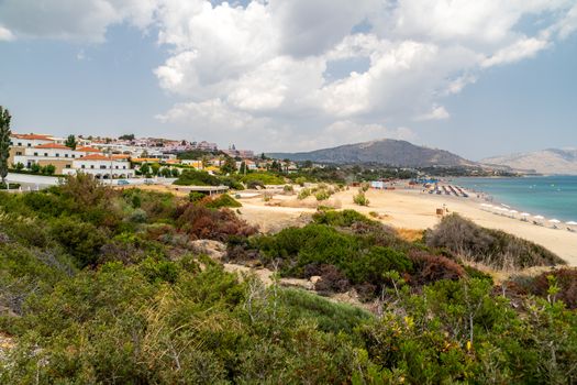 Scenic view at the coastline of Kiotari on Rhodes island, Greece with gravel beach 