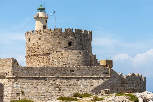 Kastell Agios Nikolaos with lighthouse at Mandraki  harbour in Rhodes city on greek island Rhodes   