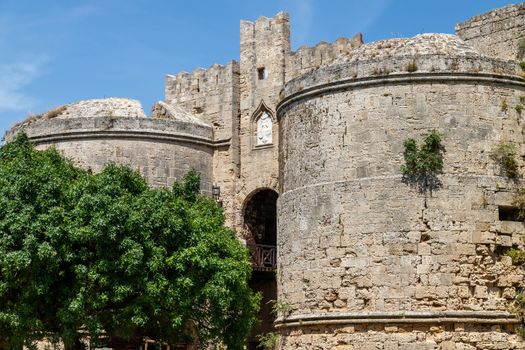 Along the ditch of the antique city wall in the old town of Rhodes city at greek island Rhodes on a sunny day in summer