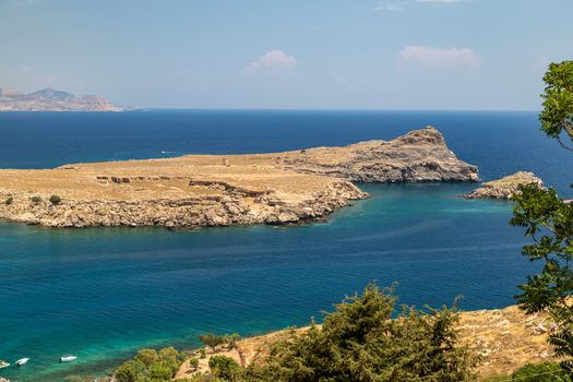 View on a beautiful bay from the acropolis of Lindos on rhodes island in greece