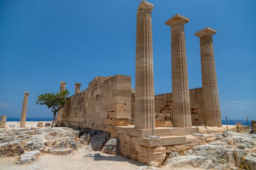 Ruins of the acropolis of Lindos on Rhodes island, Greece on a sunny day in spring