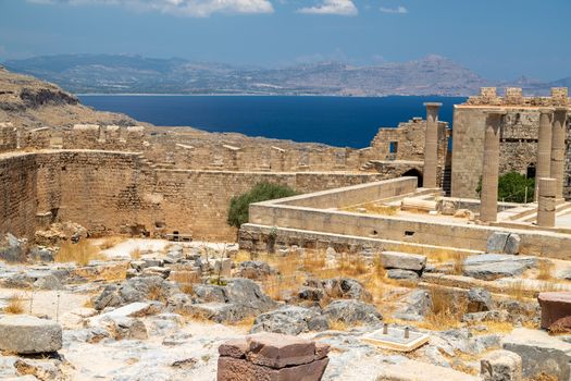 Ruins of the acropolis of Lindos on Rhodes island, Greece on a sunny day in spring