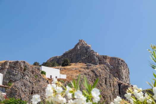 View at the acropolis of Lindos on Greek island Rhodes with white flowers in the foreground on a sunny day in spring