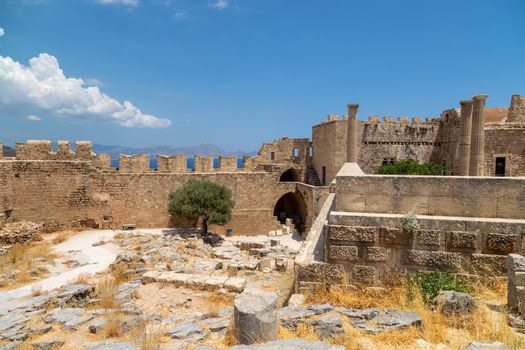 Ruins of the acropolis of Lindos on Rhodes island, Greece on a sunny day in spring