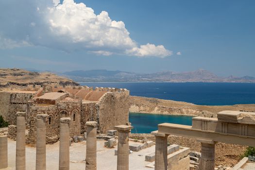 Ruins of the acropolis of Lindos on Rhodes island, Greece on a sunny day in spring