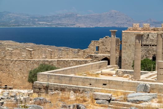 Ruins of the acropolis of Lindos on Rhodes island, Greece on a sunny day in spring