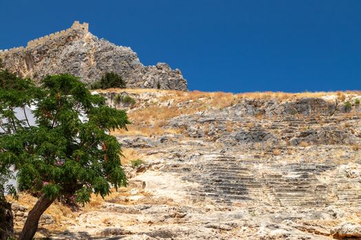 Ancient amphitheater excavations in Lindos on Greek island Rhodes