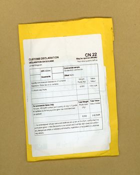 CN22 customs declaration document for international shipping, with information about goods, value, shipper and receiver