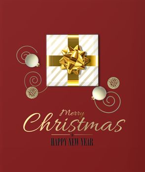 Christmas beautiful card with Xmas gift boxes, golden realistic balls on red background. Golden text Merry Christmas Happy New Year. 3D illustration.