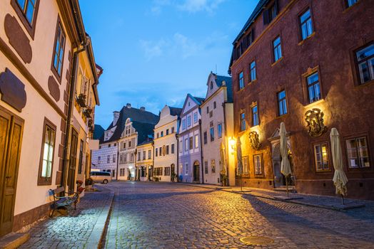 Photo of completly empty Siroka Street in Cesky Krumlov early in the evening. This place is usually full of tourists from all around the world but covid-19 quarantine emptied this town totally. Czech Republic