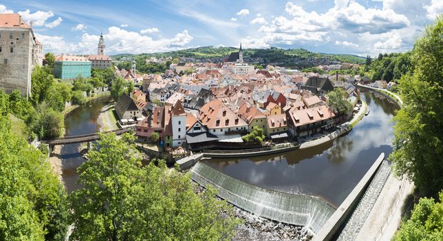 Panoramic view of bend of river Vltava and historical centre of beautiful Czech city Cesky Krumlov