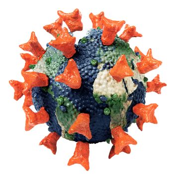 Model of Corona virus SARS-CoV-2 with Earth map on its body representing global pandemic. Dangerous coronavirus caused COVID-19 respiratory disease. Isolated on white background. Elements of the image furnished by NASA