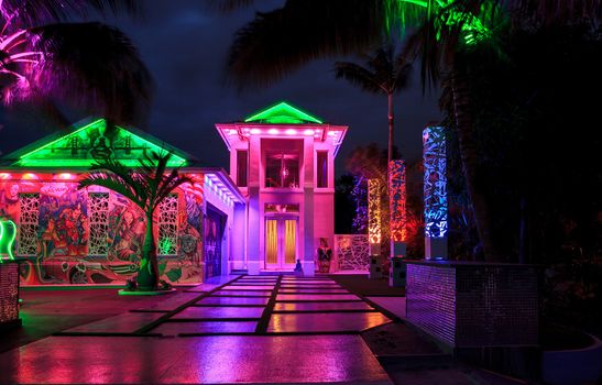Naples, Florida, USA – October 23, 2020: Fun, colorful, artistic house done in the creative style of Las Vegas with neon lights sits in Naples Park, Florida. Editorial use only.